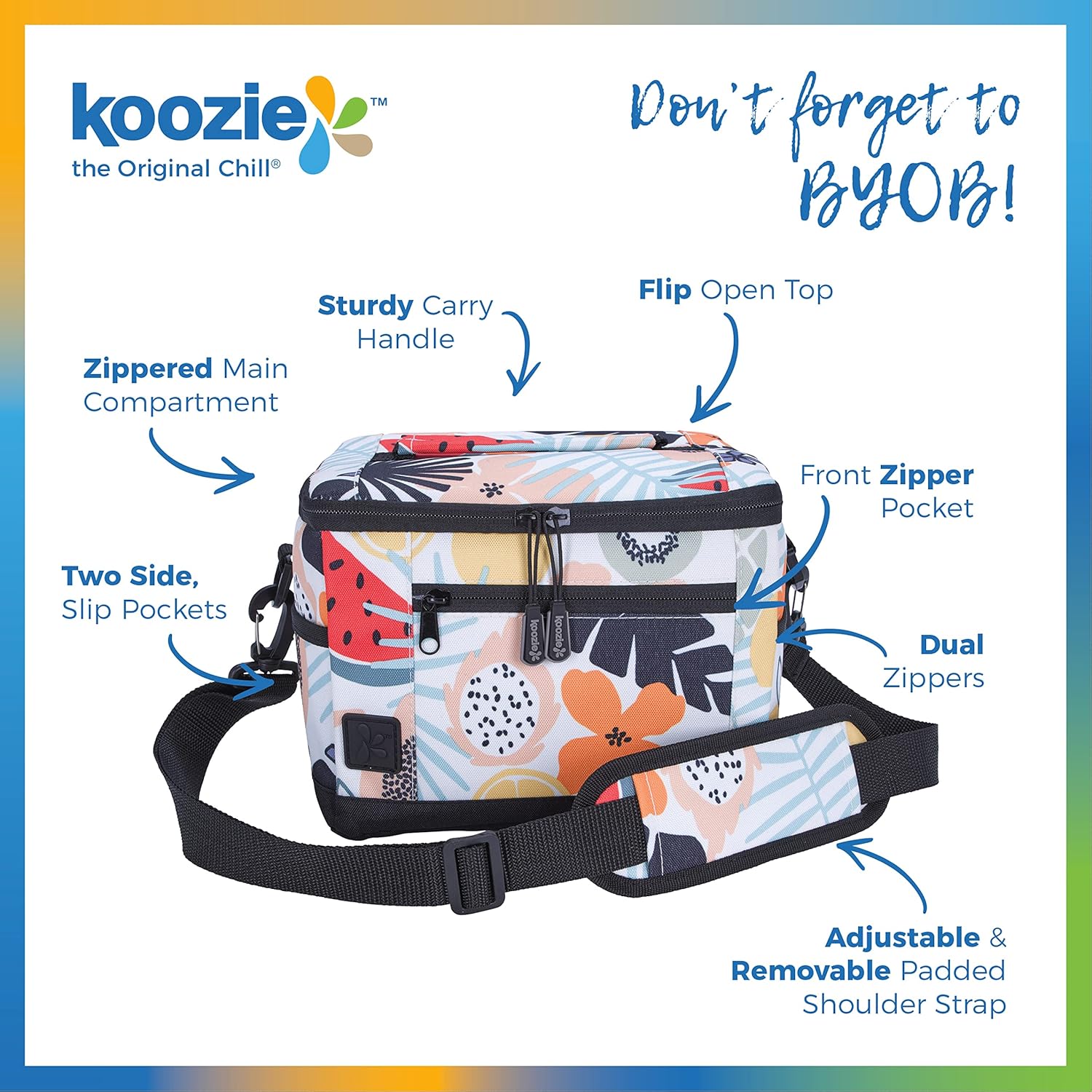 KOOZIE Small Insulated Lunch Cooler – 6-Can Soft Sided Bag – Tutti Fruitti Design