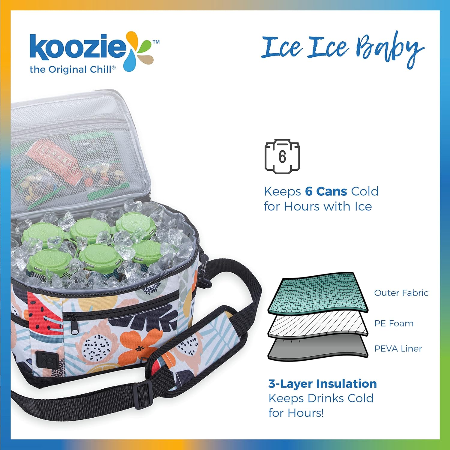 KOOZIE Small Insulated Lunch Cooler – 6-Can Soft Sided Bag – Tutti Fruitti Design