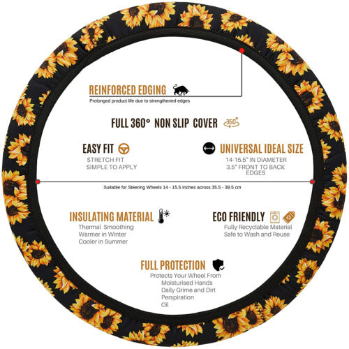 Sunflower Steering Wheel Cover with Matching Keychain – Neoprene, Universal Fit