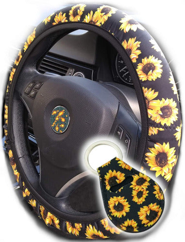 Sunflower Steering Wheel Cover with Matching Keychain – Neoprene, Universal Fit