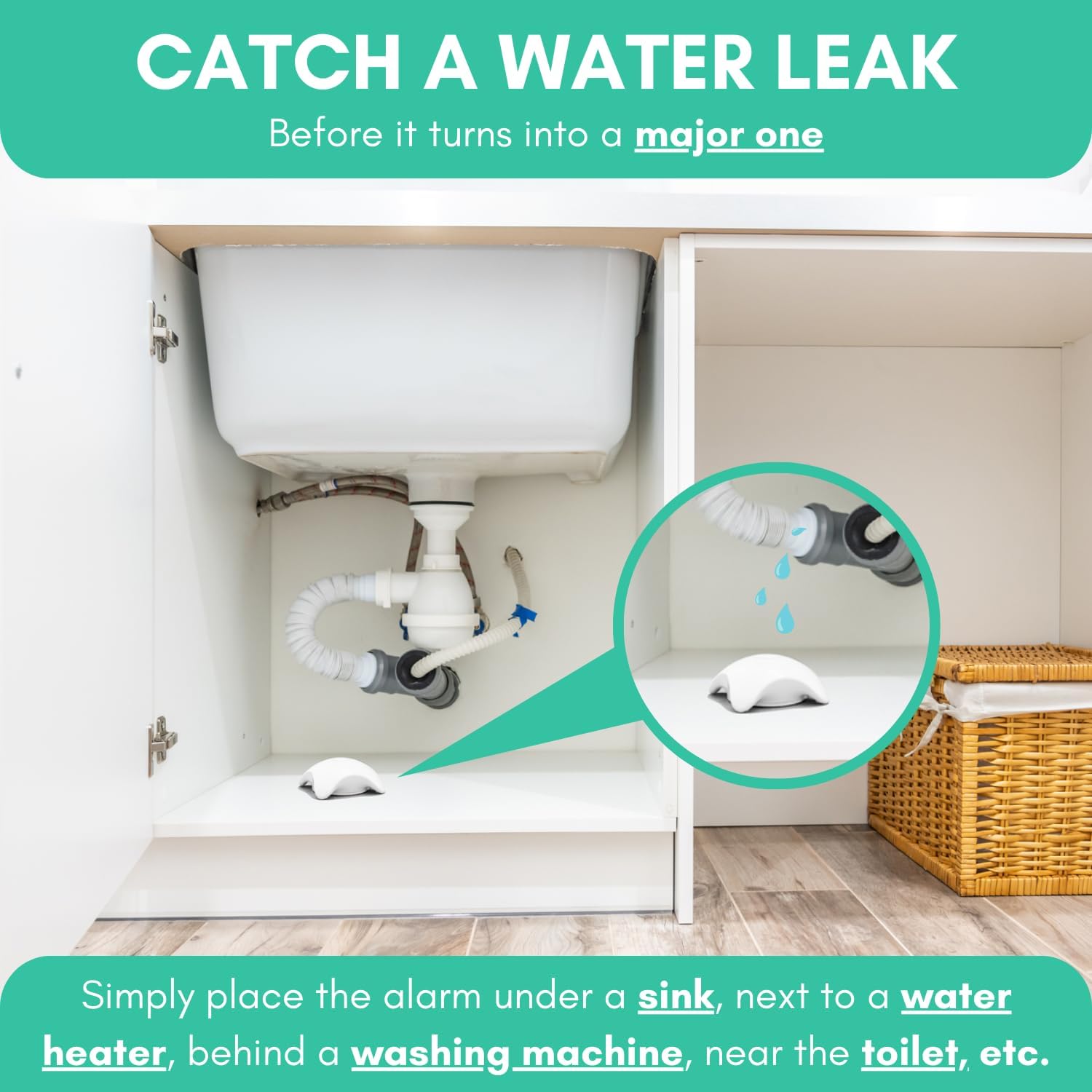 5 Pack Water Leak Detector Alarm – 120dB Siren – Waterproof Water Sensor – for Home Use – Under Sink, Bathroom, Heater