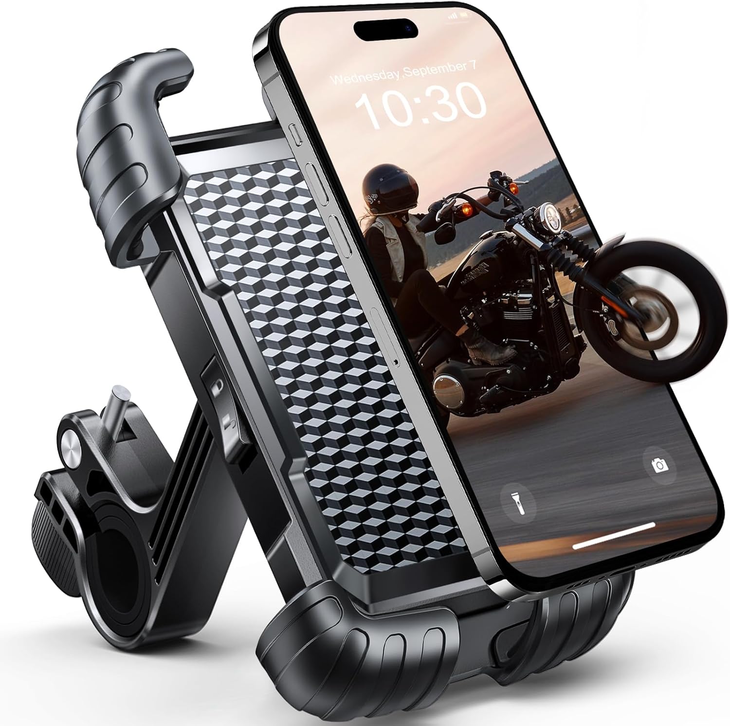 Motorcycle & Bike Phone Holder – Metal Arm Mount for iPhone & Android – 360° Rotation, Shockproof Grip – Fits 5.7–7.8" Phones