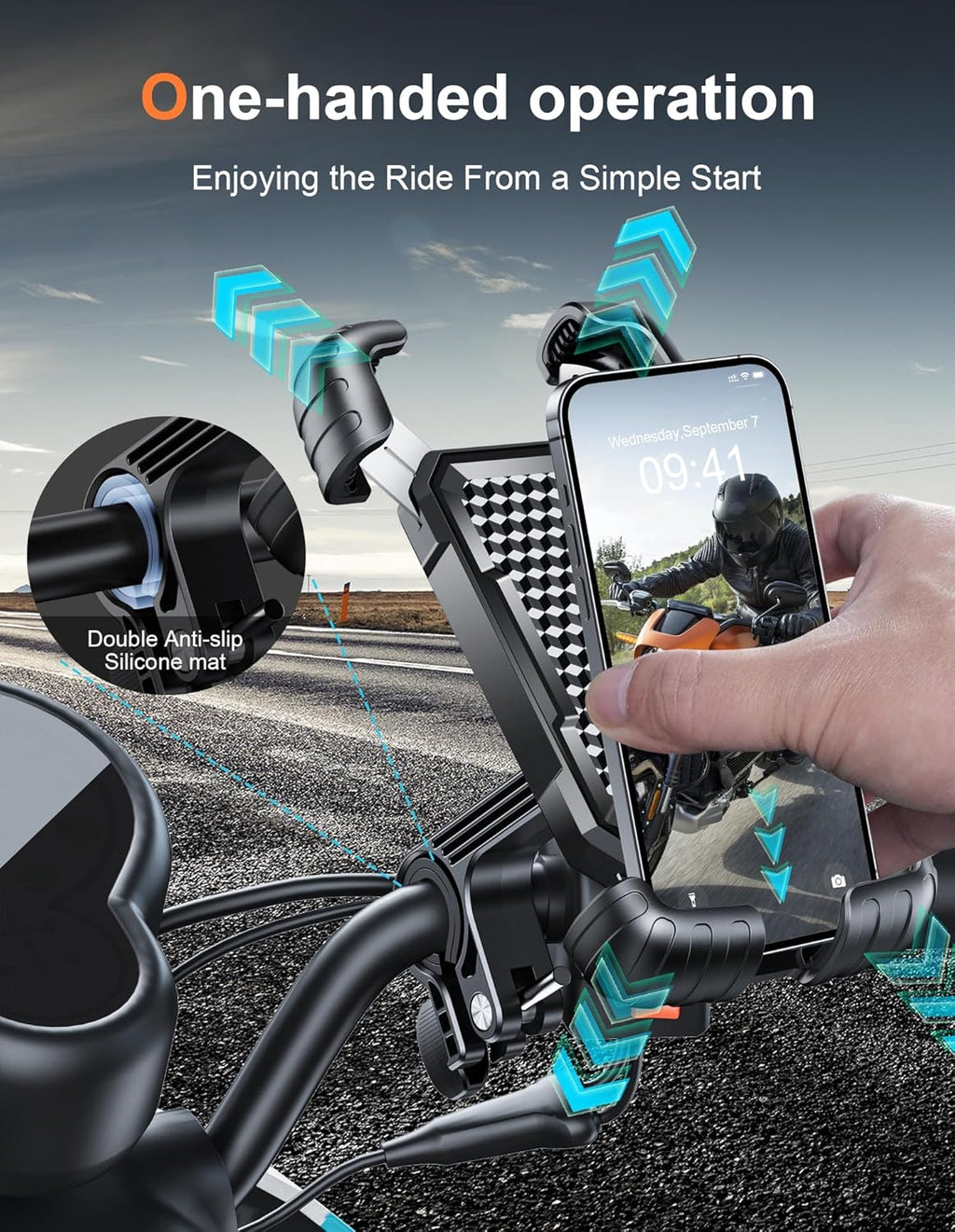 Motorcycle & Bike Phone Holder – Metal Arm Mount for iPhone & Android – 360° Rotation, Shockproof Grip – Fits 5.7–7.8" Phones
