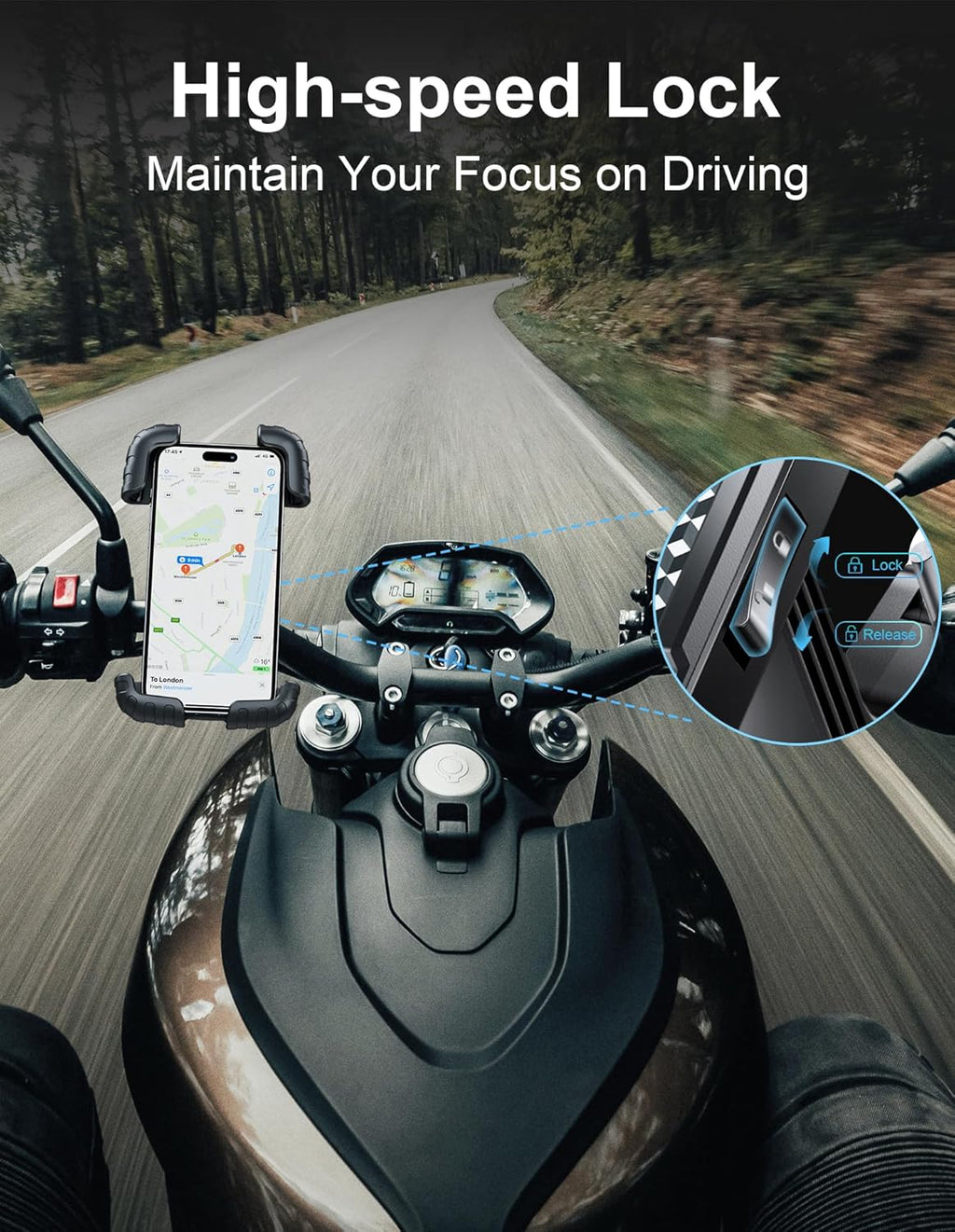 Motorcycle & Bike Phone Holder – Metal Arm Mount for iPhone & Android – 360° Rotation, Shockproof Grip – Fits 5.7–7.8" Phones