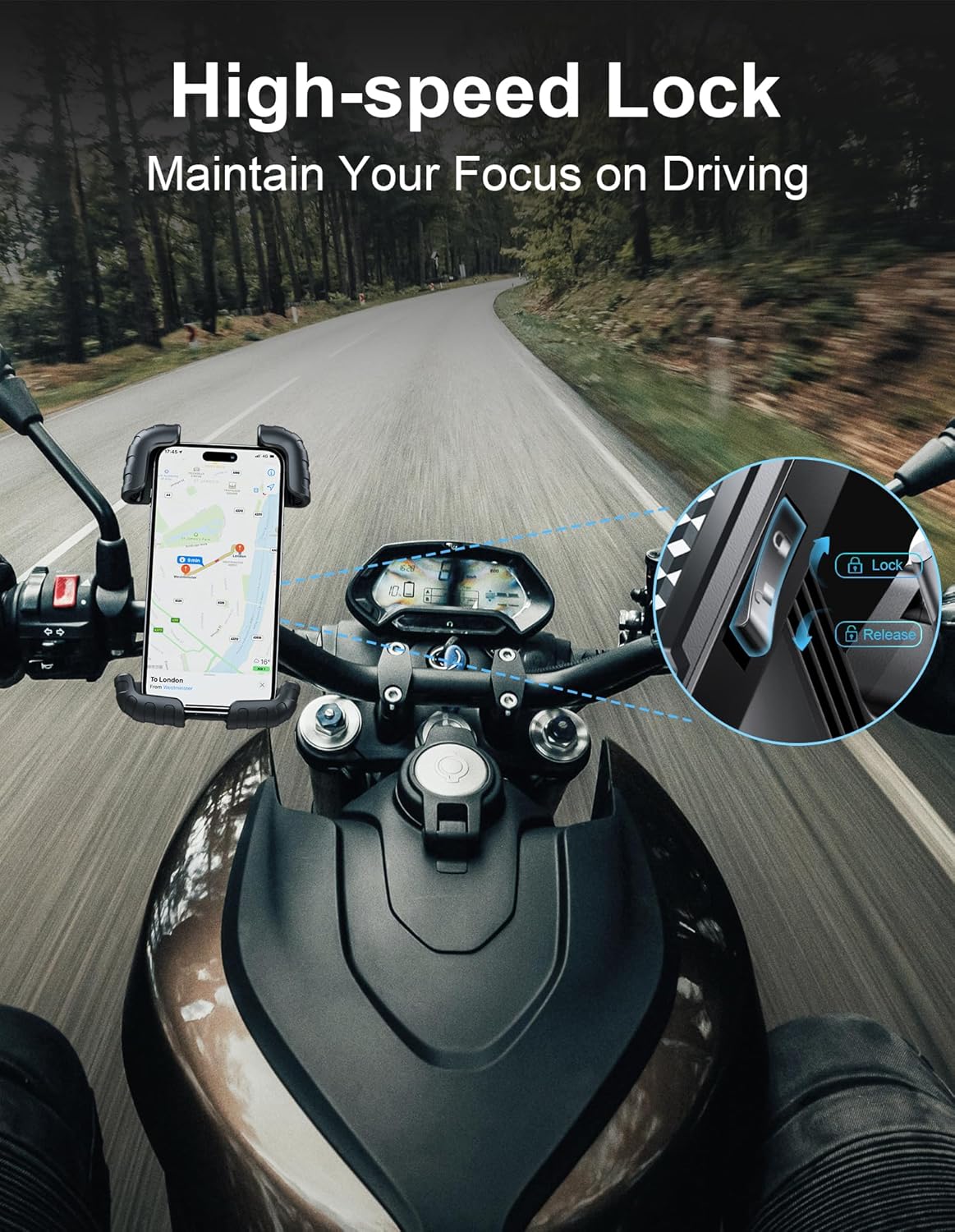 Motorcycle & Bike Phone Holder – Metal Arm Mount for iPhone & Android – 360° Rotation, Shockproof Grip – Fits 5.7–7.8" Phones
