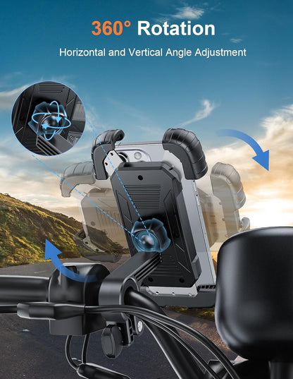 Motorcycle & Bike Phone Holder – Metal Arm Mount for iPhone & Android – 360° Rotation, Shockproof Grip – Fits 5.7–7.8" Phones