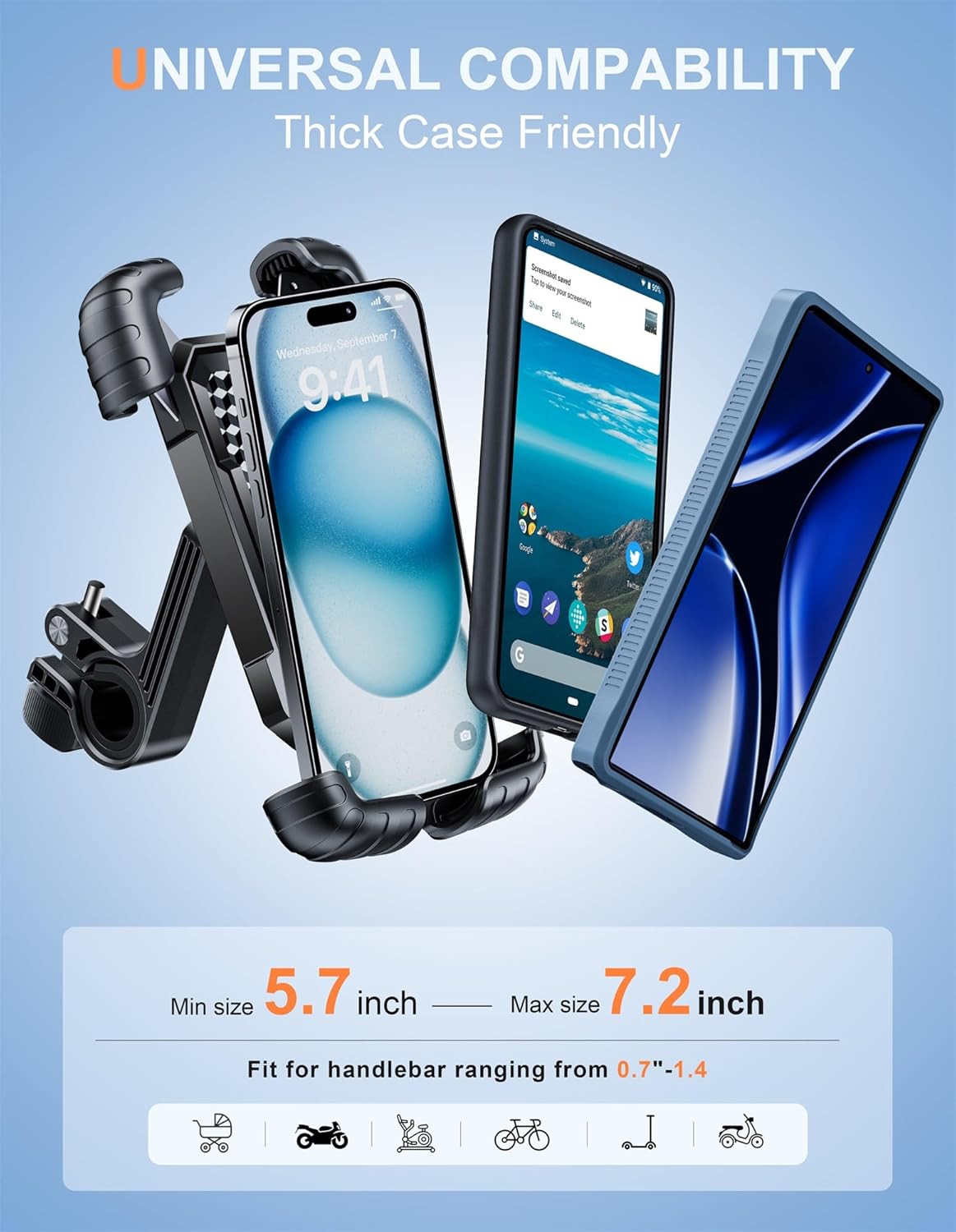 Motorcycle & Bike Phone Holder – Metal Arm Mount for iPhone & Android – 360° Rotation, Shockproof Grip – Fits 5.7–7.8" Phones