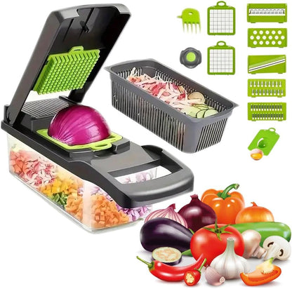 16-in-1 Vegetable Chopper & Manual Food Slicer – Multi-Blade Onion Cutter, Kitchen Gadget – Gray