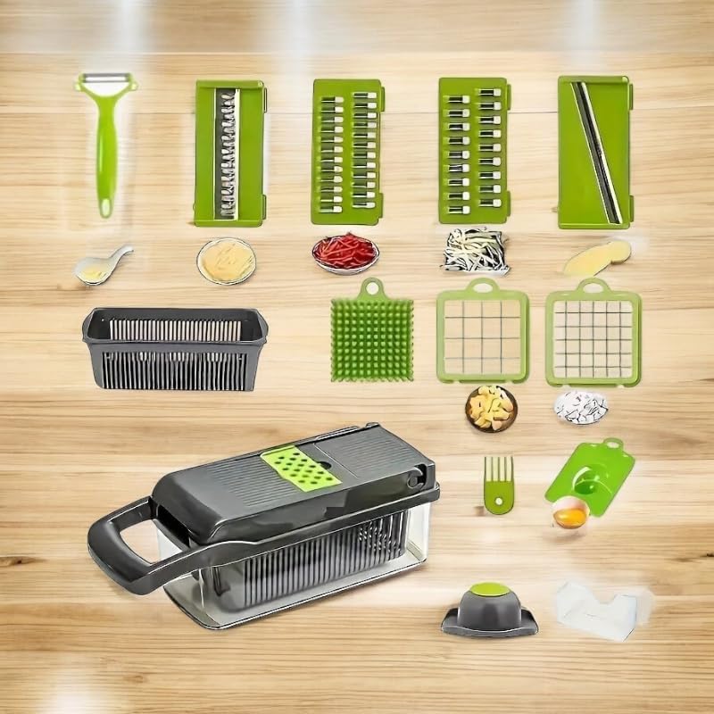 16-in-1 Vegetable Chopper & Manual Food Slicer – Multi-Blade Onion Cutter, Kitchen Gadget – Gray