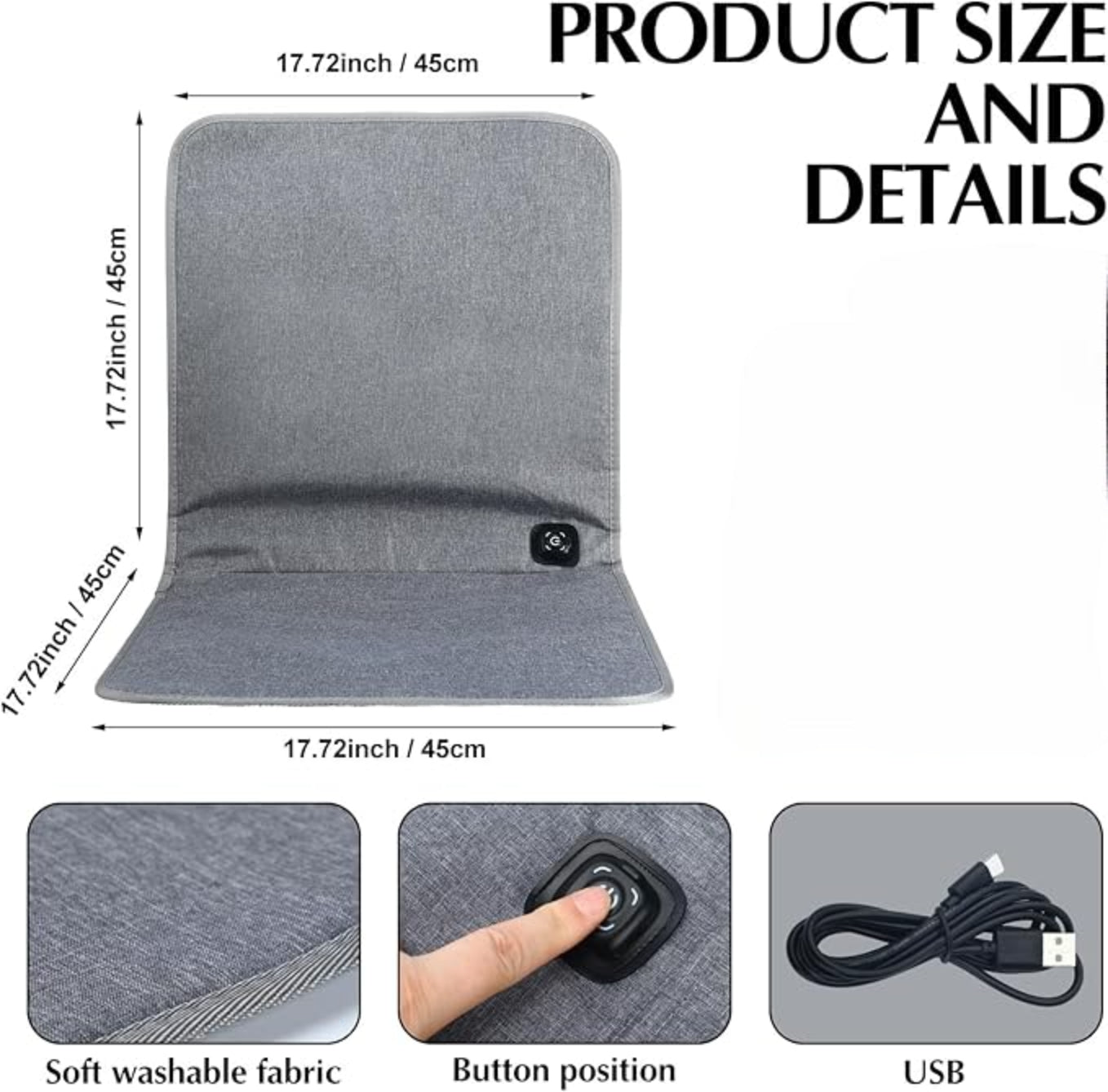 USB Portable Heated Seat Cushion – 3-Level Adjustable Heating – Gray