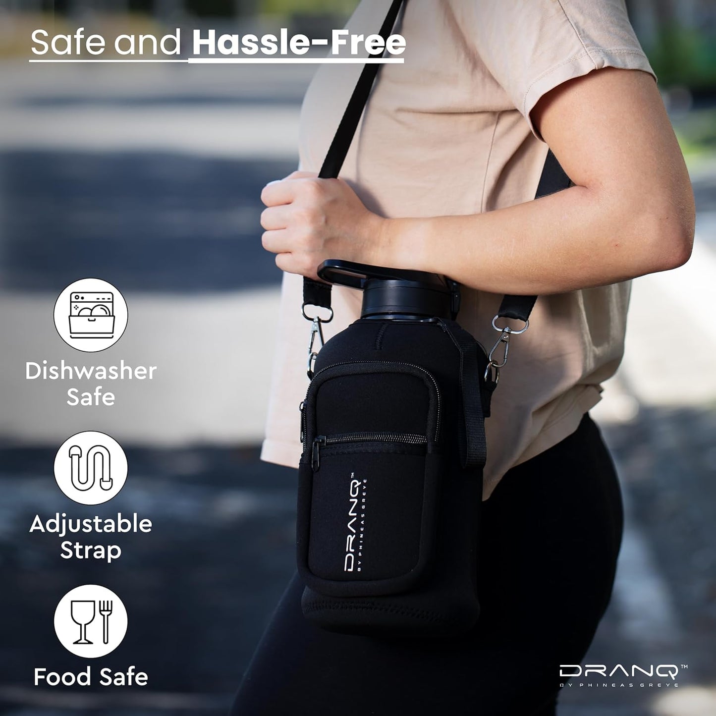 DRANQ 74oz Insulated Water Bottle with Sleeve – Half Gallon BPA-Free Jug