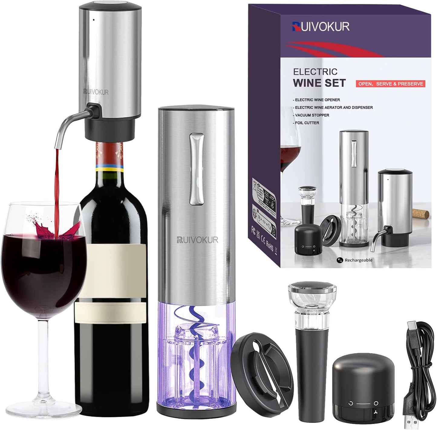 6-in-1 Electric Wine Opener Set – Rechargeable & Stainless Steel