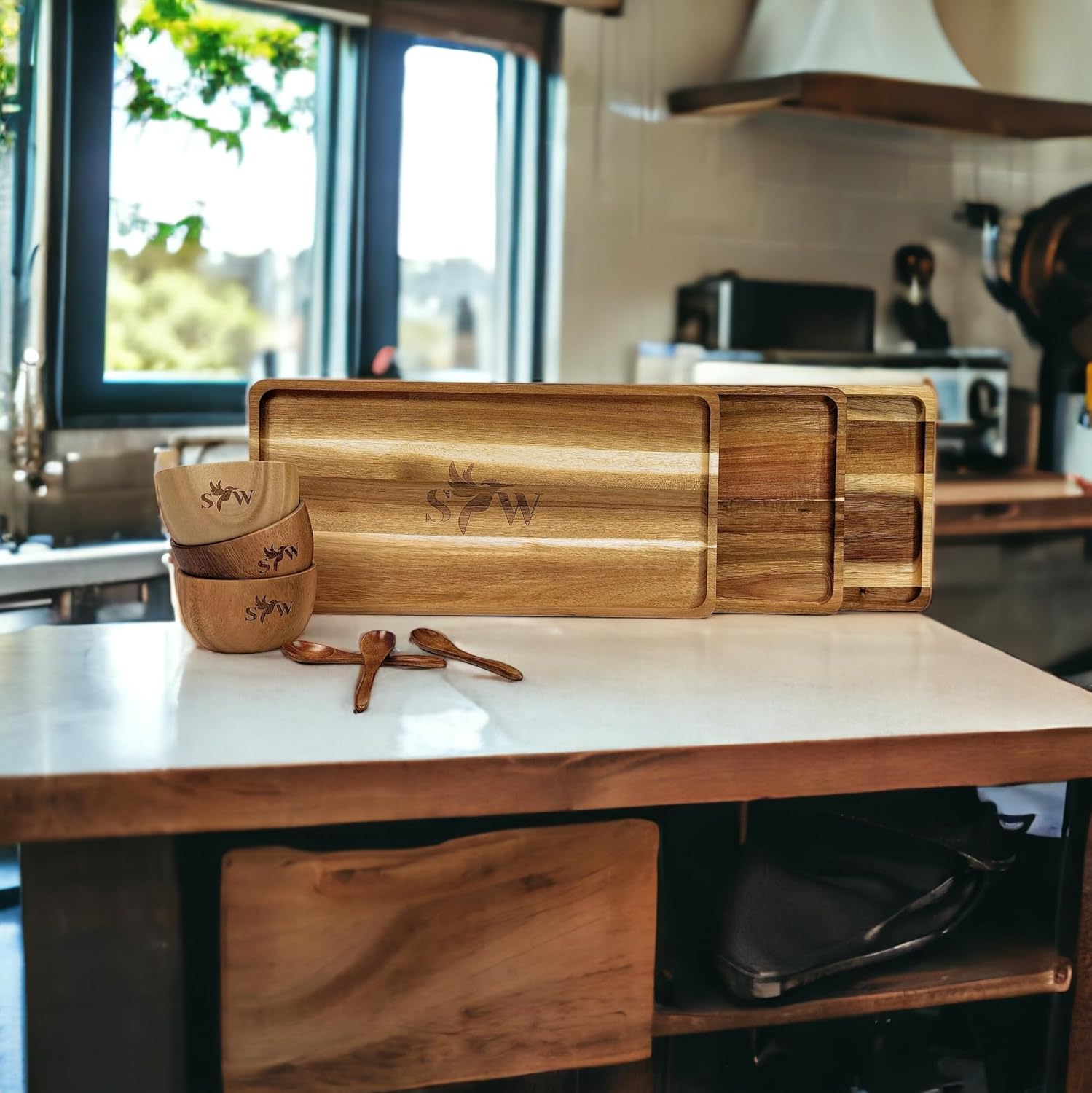 Acacia Wood Serving Tray Set – 3-Piece Eco-Friendly Gift