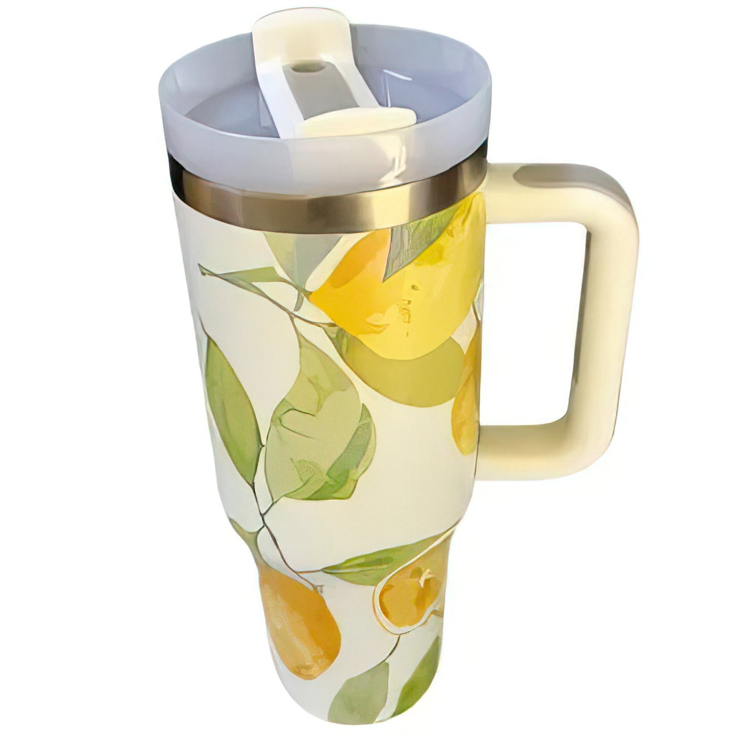 40 oz Lemon Print Stainless Steel Tumbler – Insulated Mug with Handle, Lid & Straw