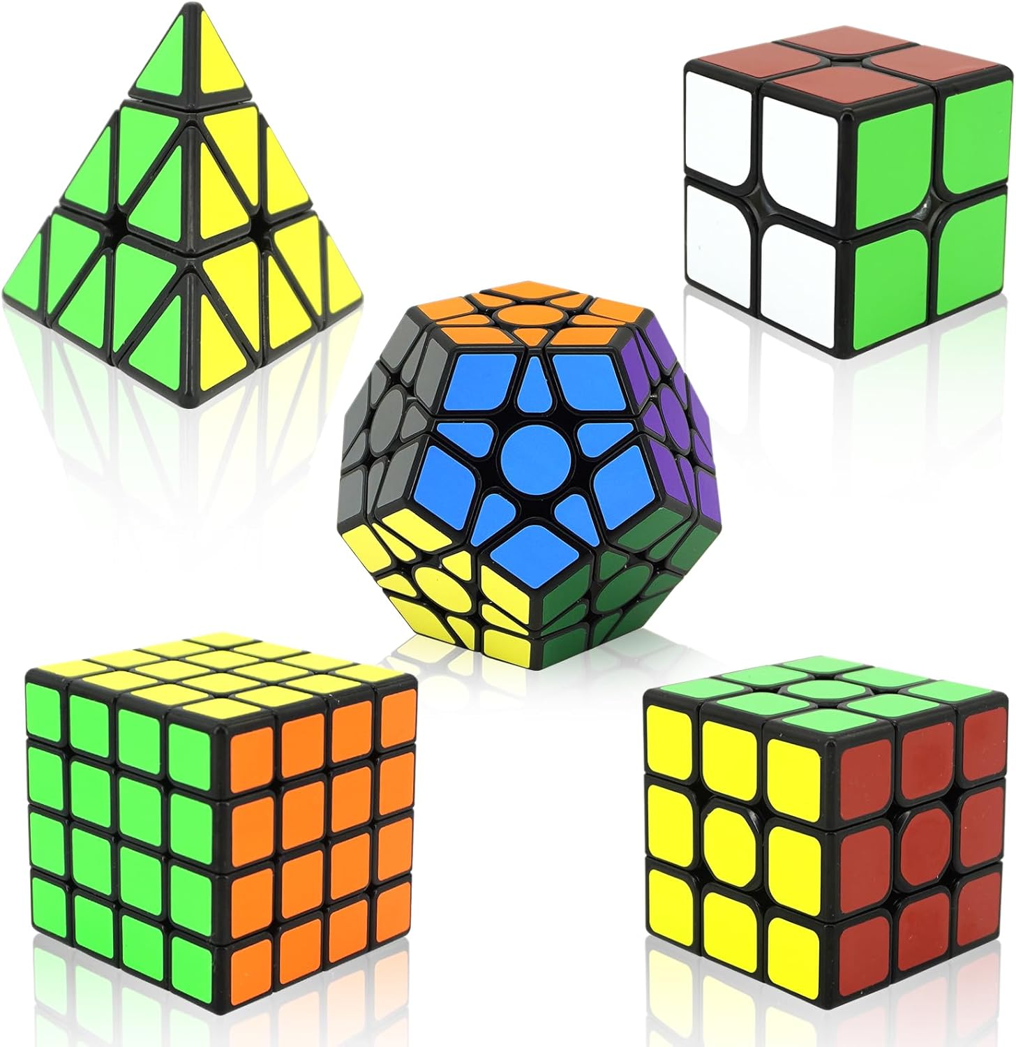 5-in-1 Speed Cube Puzzle Set – 2x2, 3x3, 4x4, Pyramid, Megaminx