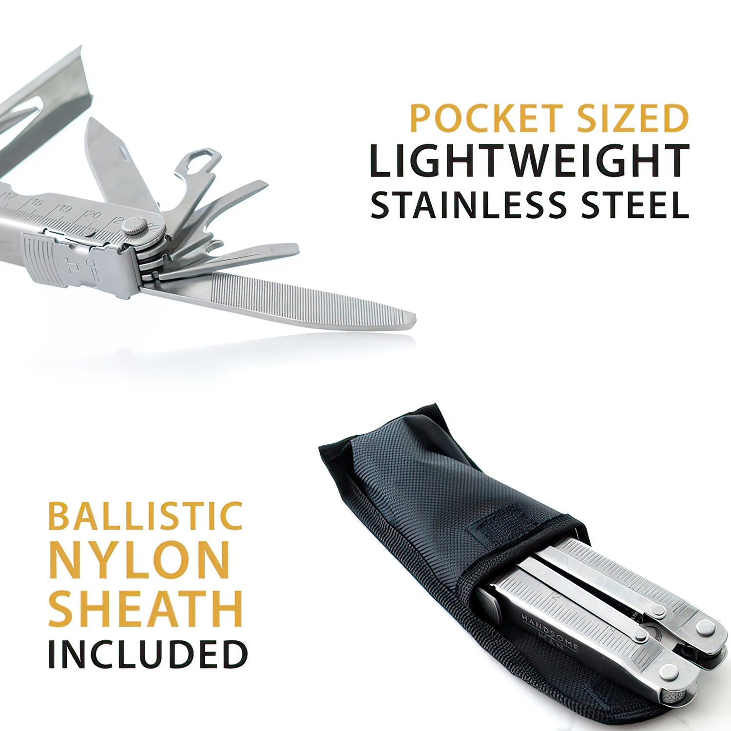 Pocket-Sized 12-in-1 Stainless Steel Multitool with Belt Pouch