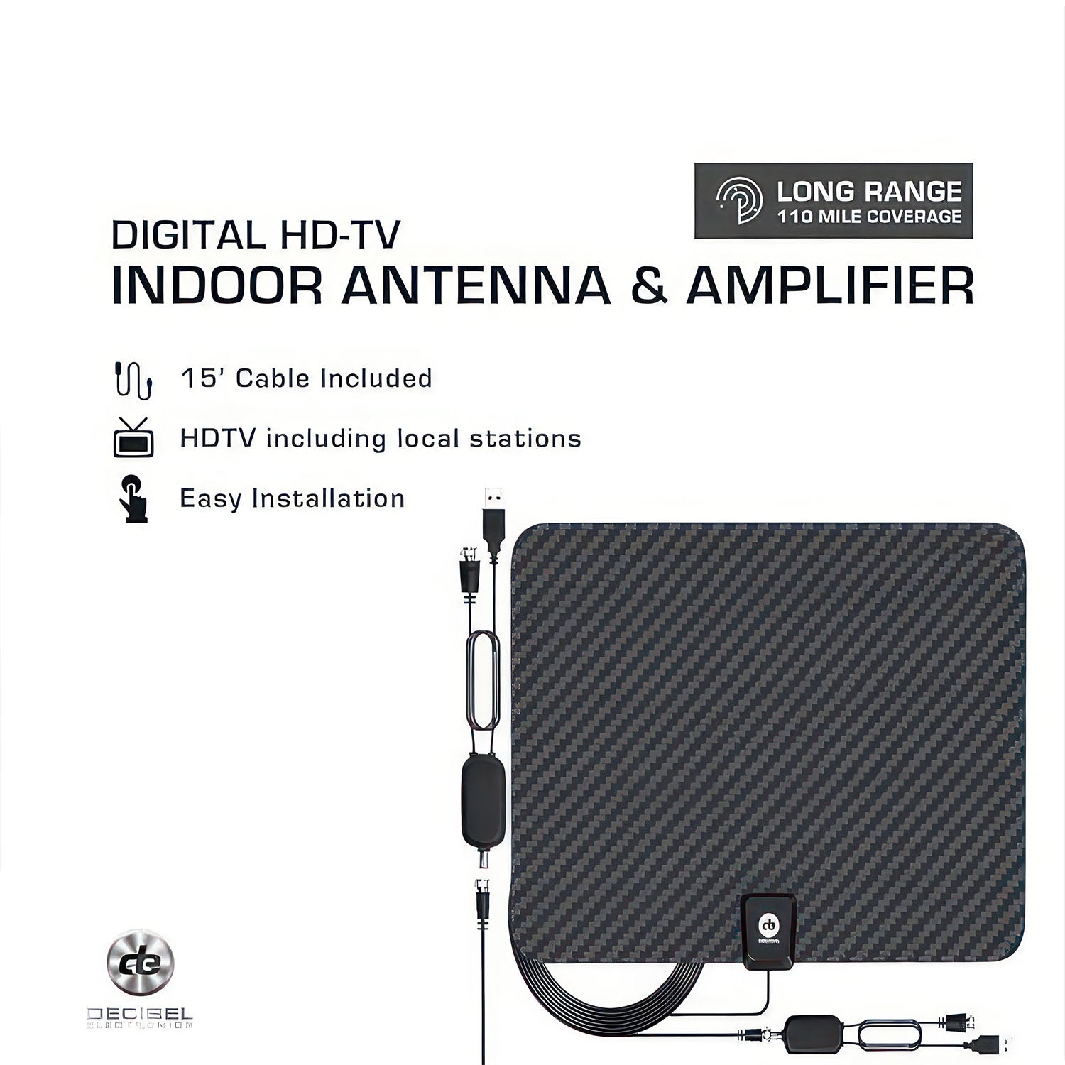 Amplified Indoor HDTV Antenna – 110 Mile Range, Free HD TV Channels