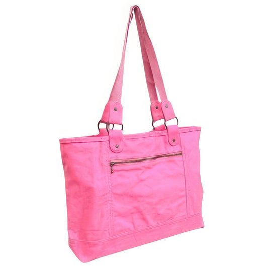 Watermelon Pink Cotton Tote Bag – Large Campus Shoulder Tote with Zipper Pocket
