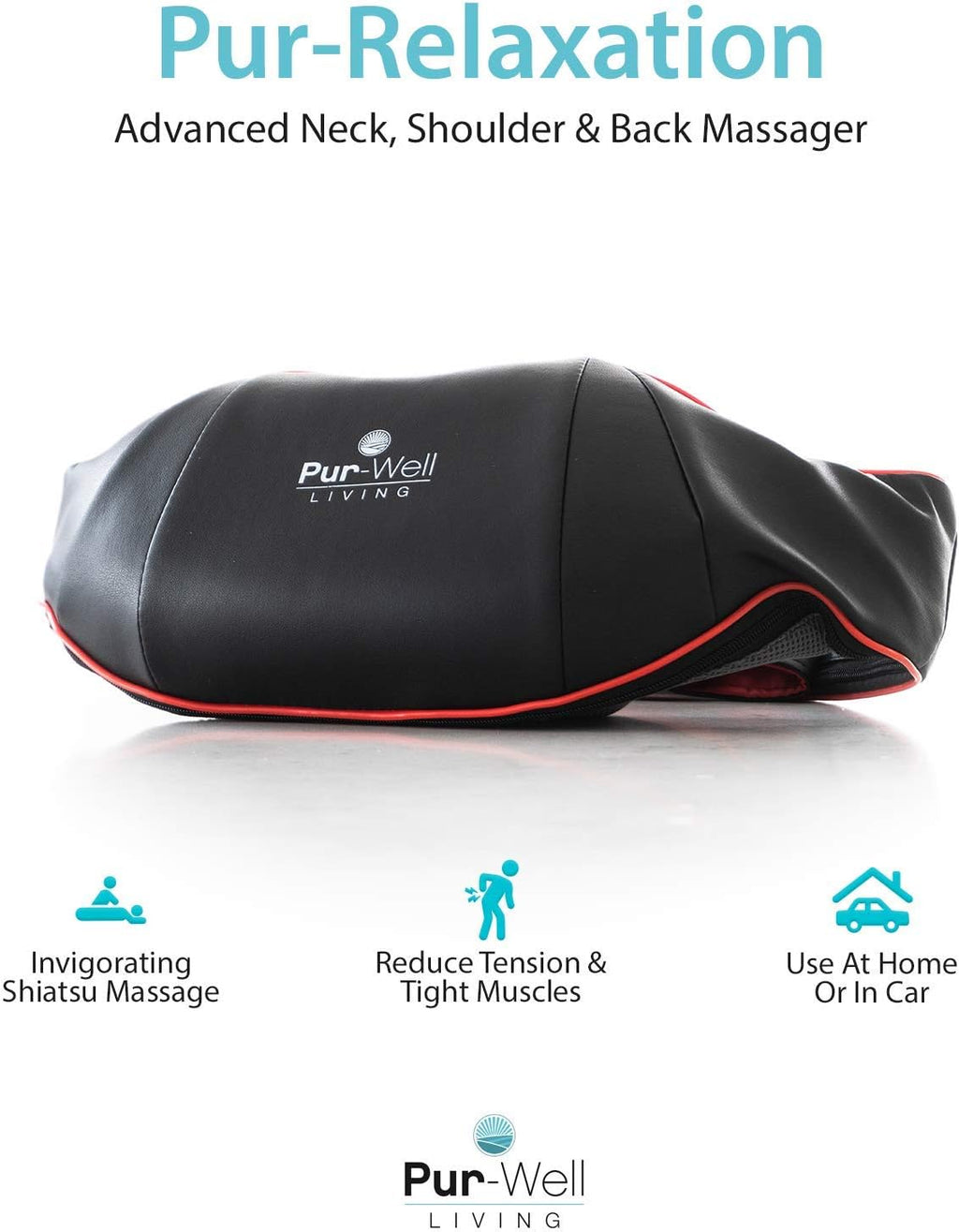 Pur Relaxation Shiatsu Neck, Shoulder & Back Massager with Heat - Use In Home or Car
