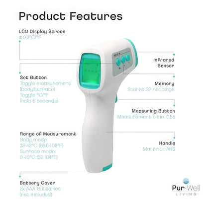 Pur-Well Infrared Forehead Thermometer – No-Touch Digital Reader