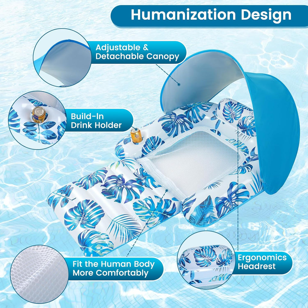 2pk Inflatable Pool Lounger Float with Adjustable Canopy – Adult Pool Chair with Cup Holders