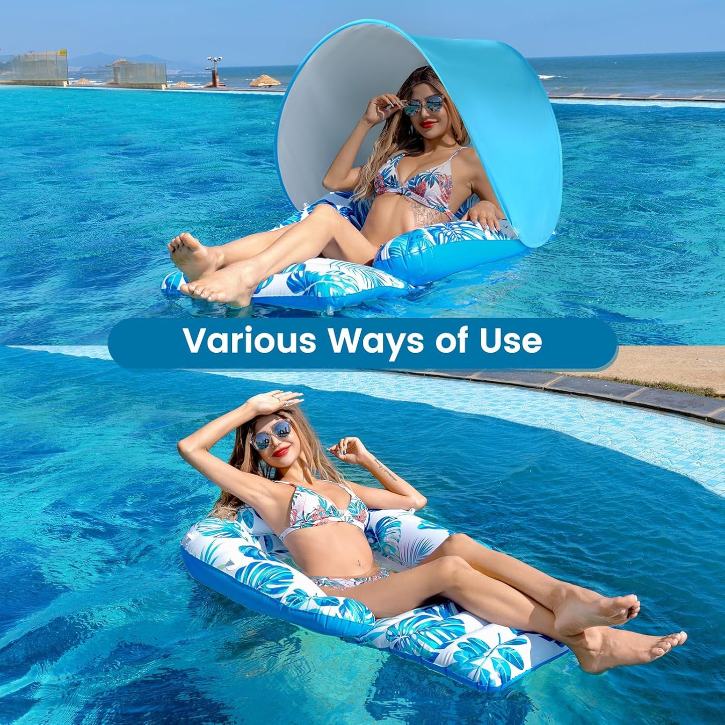 2pk Inflatable Pool Lounger Float with Adjustable Canopy – Adult Pool Chair with Cup Holders