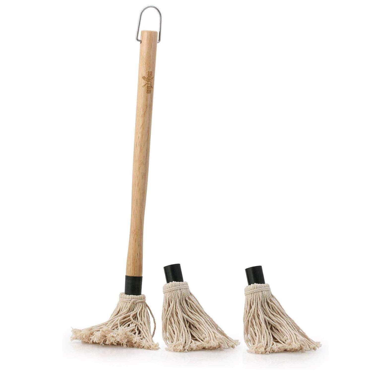 GRILLHOGS 18-Inch BBQ Basting Mop – Wooden Handle + 3 Mop Heads