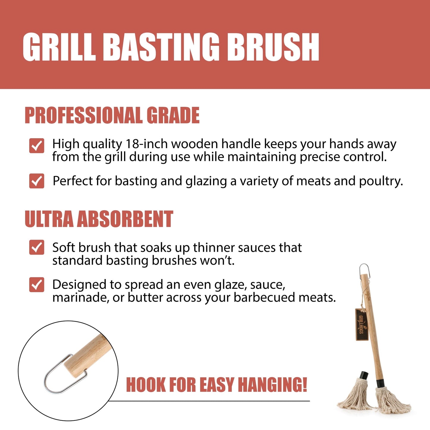 GRILLHOGS 18-Inch BBQ Basting Mop – Wooden Handle + 3 Mop Heads