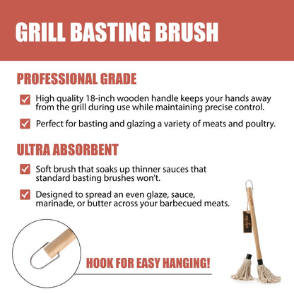 GRILLHOGS 18-Inch BBQ Basting Mop – Wooden Handle + 3 Mop Heads