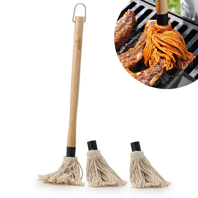 GRILLHOGS 18-Inch BBQ Basting Mop – Wooden Handle + 3 Mop Heads