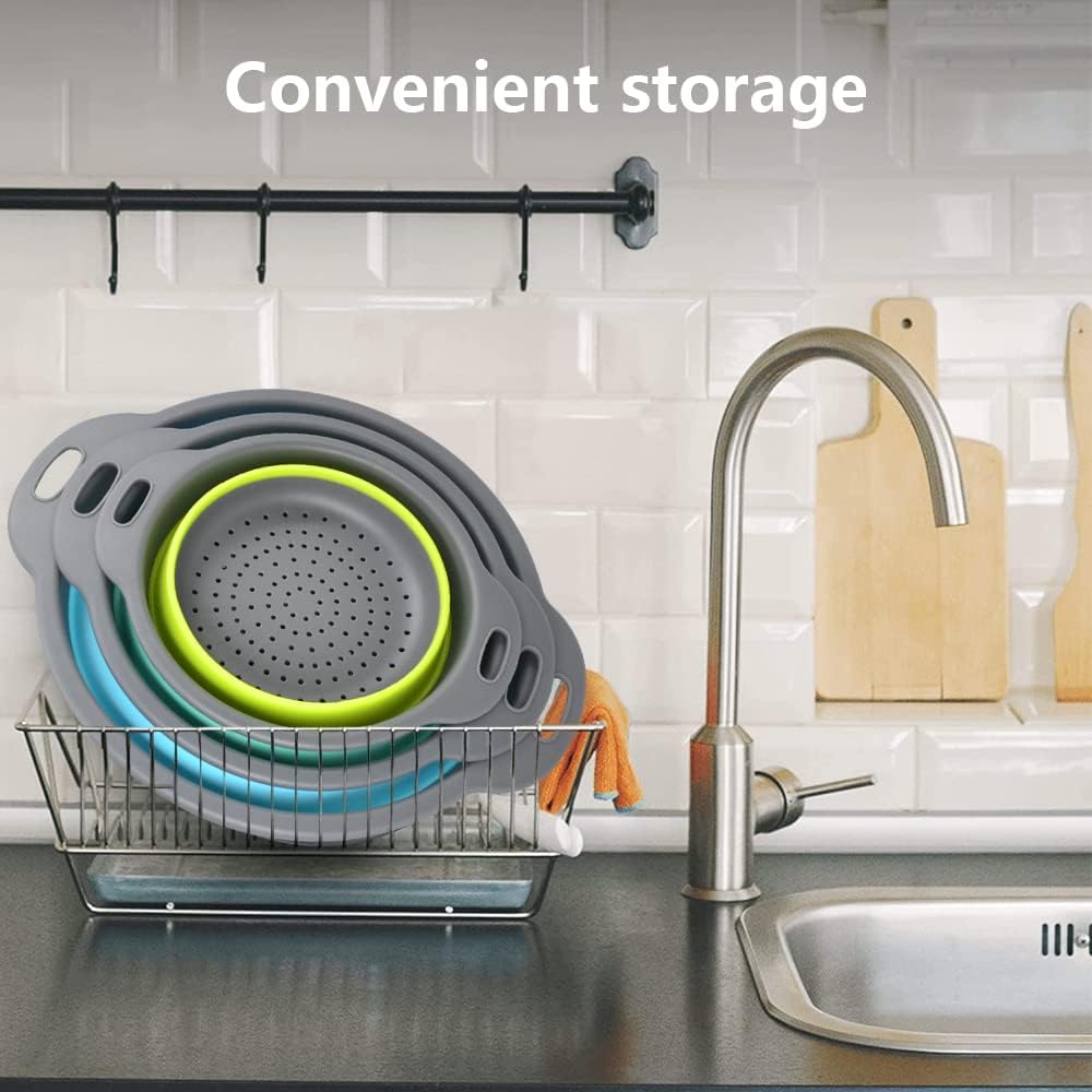 3pk Collapsible Colander Set with Handles - Space Saving Strainers