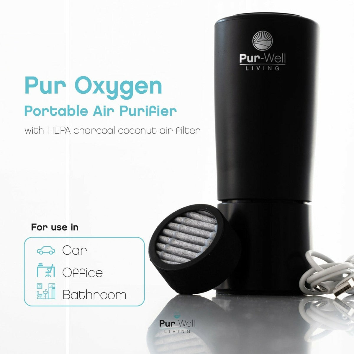 Pur Oxygen Travel Car Air Purifier – HEPA Coconut Charcoal Filter, Ionizer & Odor Eliminator