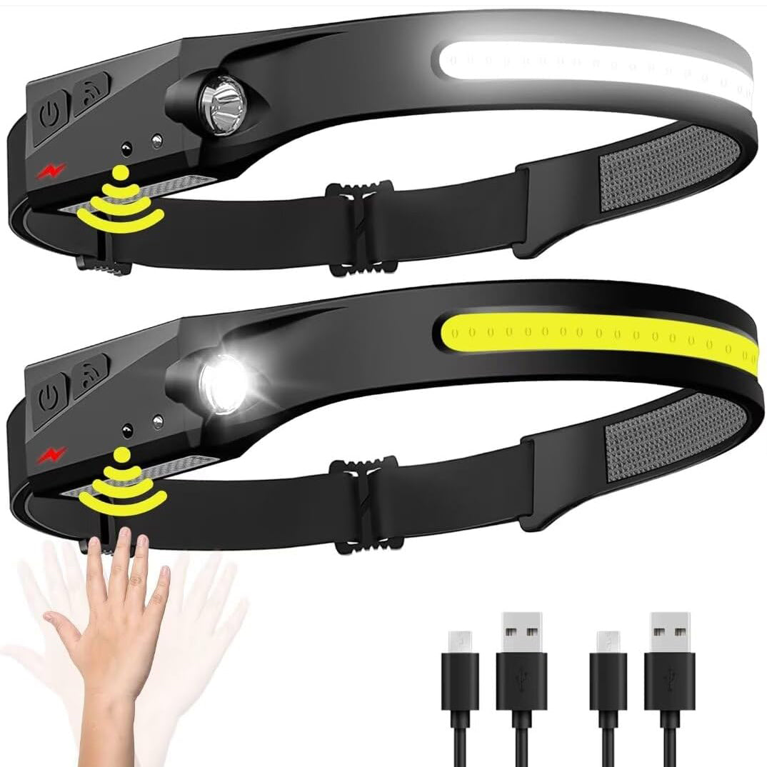 2pk Rechargeable LED Headlamps – 230° Wide Beam & Motion Sensor, Lightweight, 6 Modes