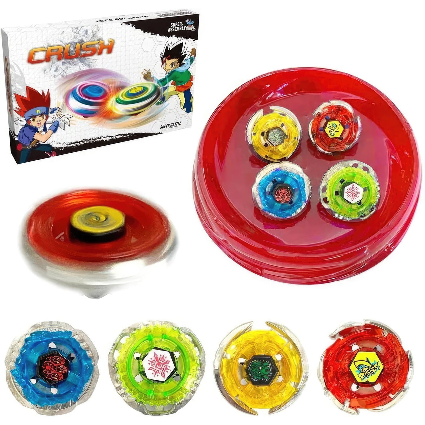 Crush Battling Tops Set – 4 Spinning Tops + Launchers,  High-Speed Metal Battle Game