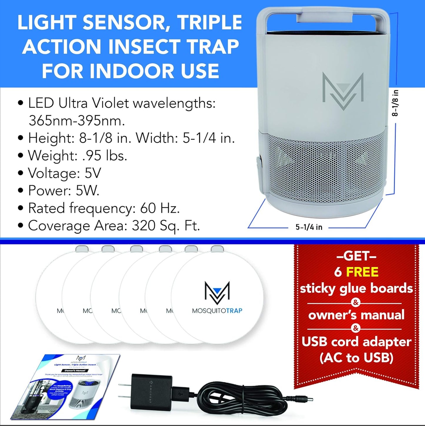 MosquitoTrap™ Indoor Insect Trap – LED UV Light Mosquito Killer – Non-Toxic, Baby & Pet Safe – Includes 6 Glue Boards – Gray