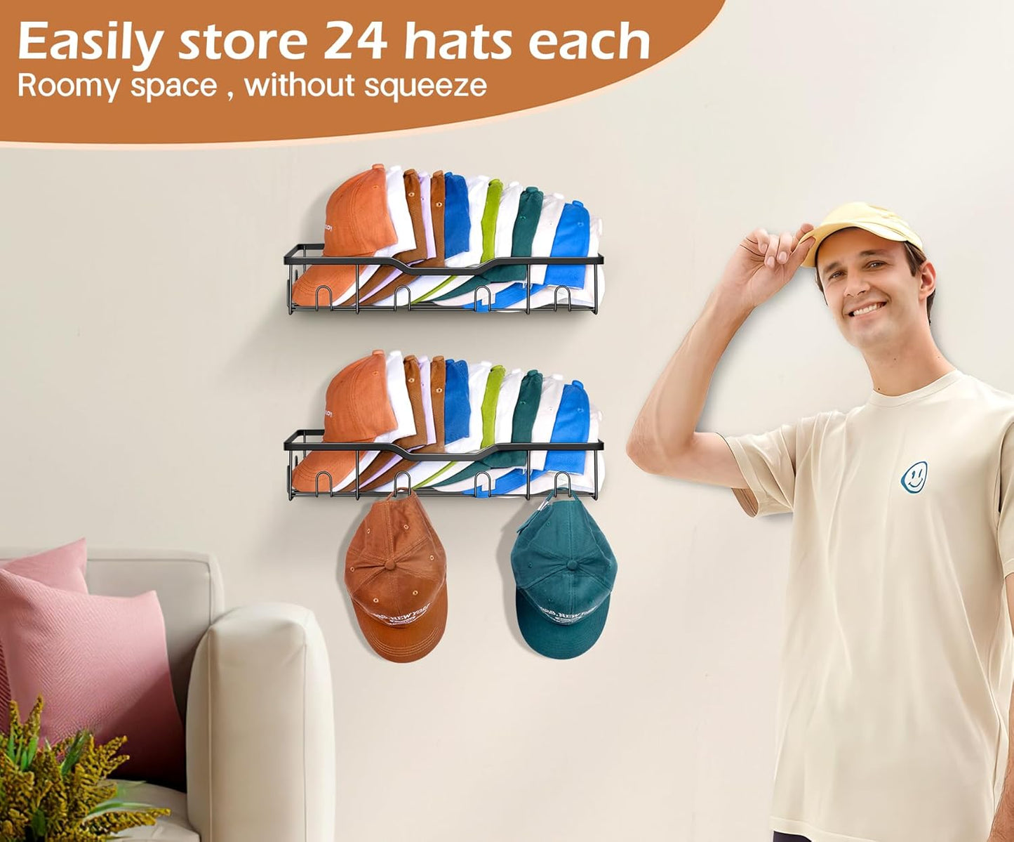2pk Wall-Mounted Hat Organizer – Sturdy Metal Cap Rack for 40+ Hats
