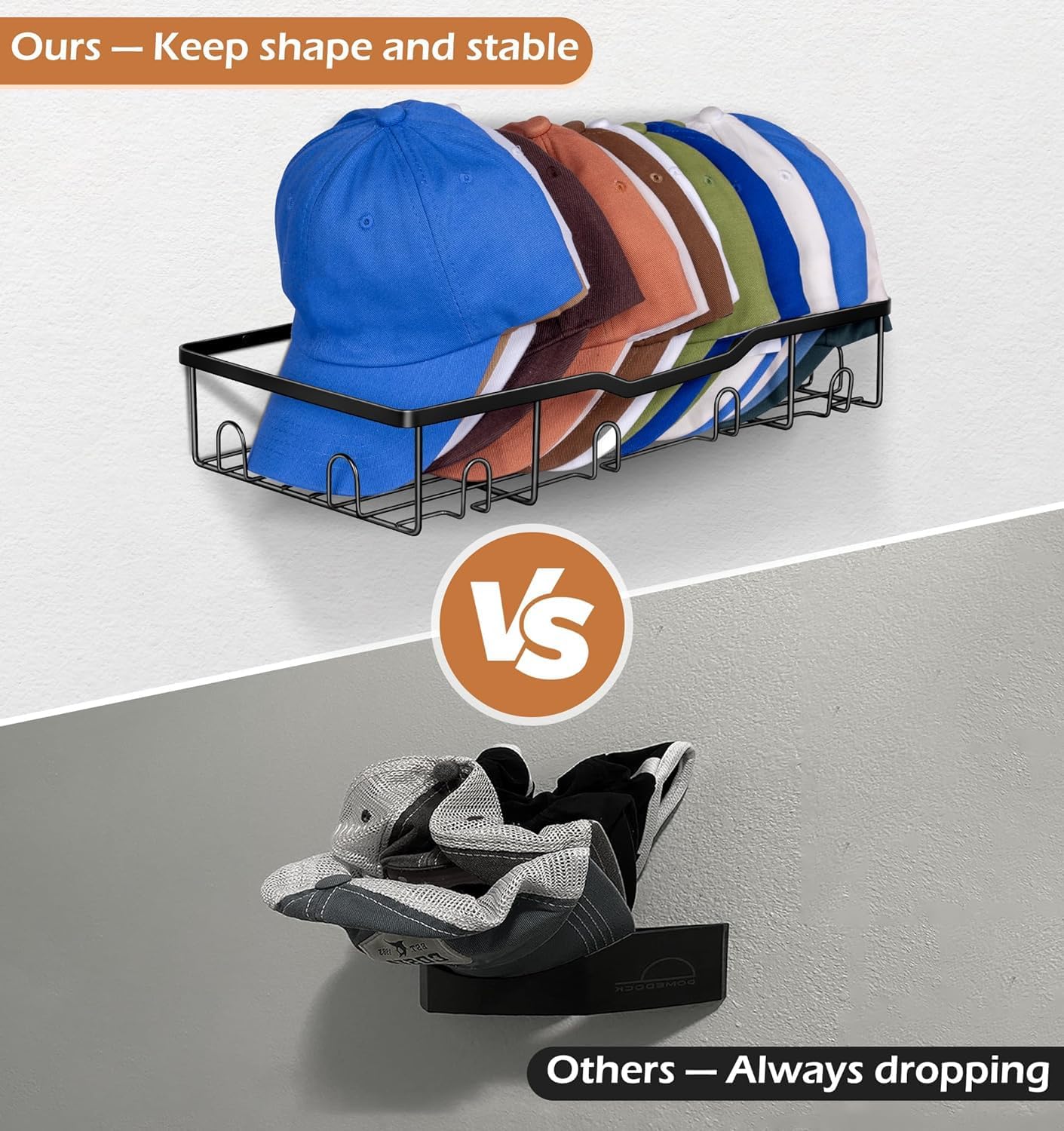 2pk Wall-Mounted Hat Organizer – Sturdy Metal Cap Rack for 40+ Hats
