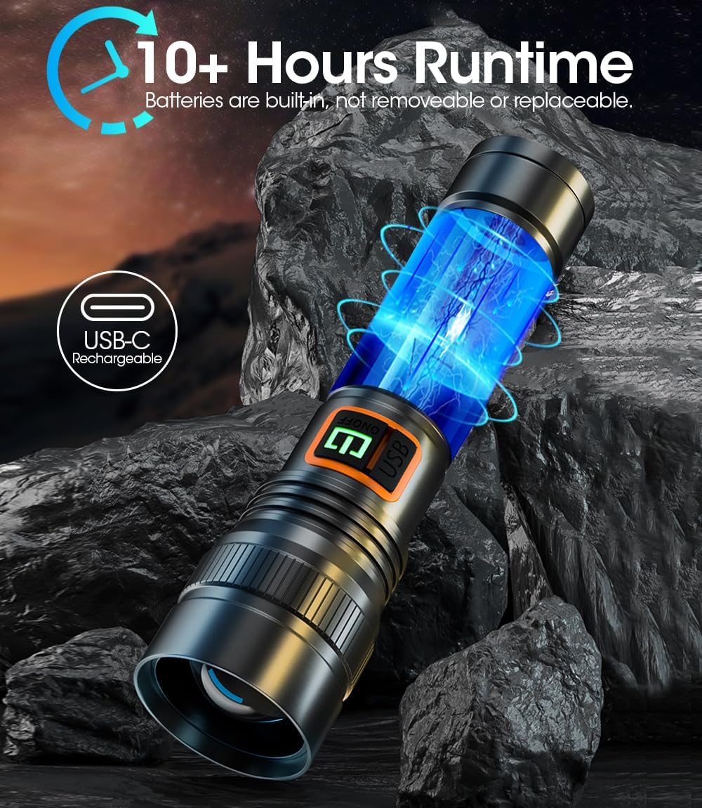 Super Bright Rechargeable Flashlight – Long-Throw LED Spotlight with USB-C Fast Charging
