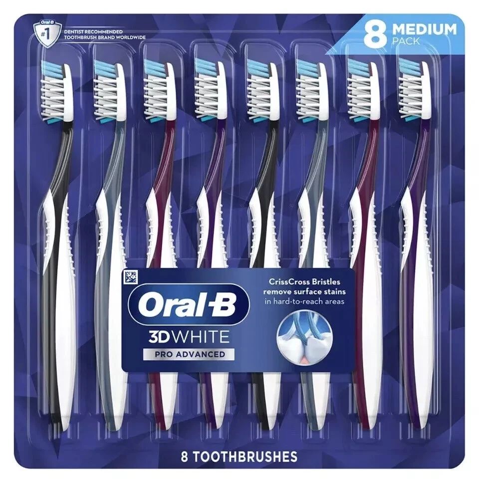 8pk Oral-B CrossAction 3D White Advanced Toothbrush - Choose Medium or Soft Bristle