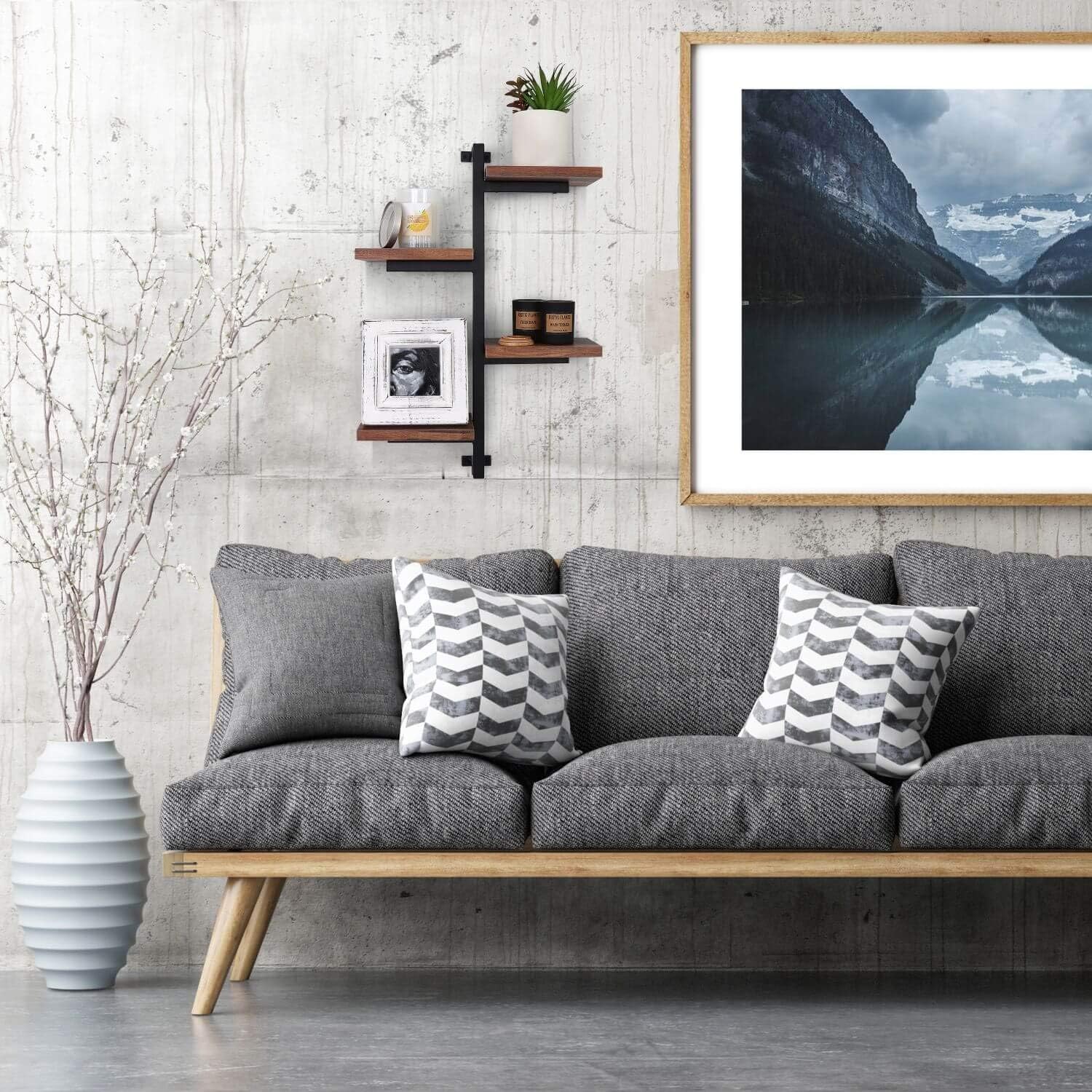 Rustic 4-Arm Floating Wall Shelf – Space-Saving Decorative Shelving with Metal Brackets