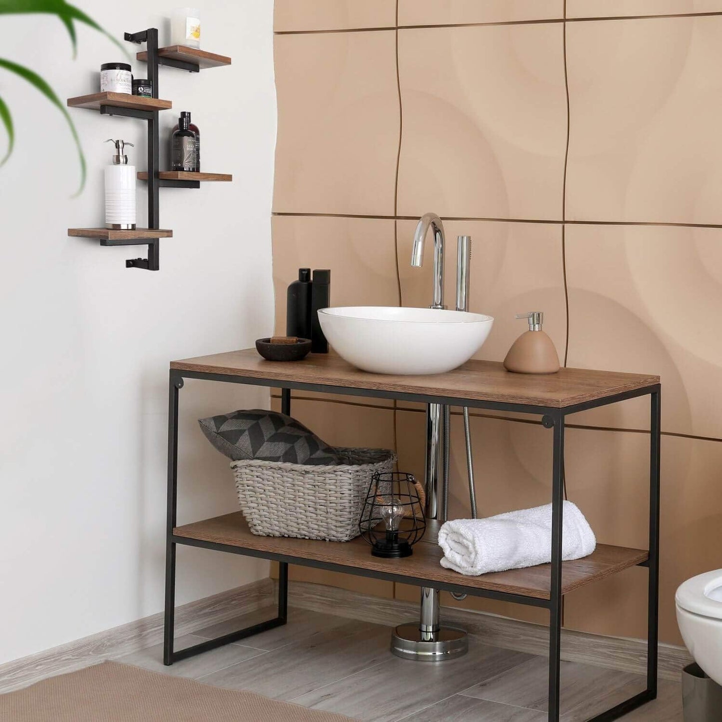 Rustic 4-Arm Floating Wall Shelf – Space-Saving Decorative Shelving with Metal Brackets