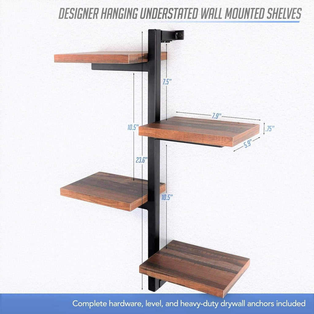 Rustic 4-Arm Floating Wall Shelf – Space-Saving Decorative Shelving with Metal Brackets