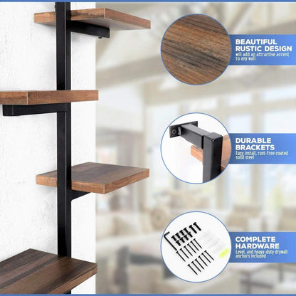 Rustic 4-Arm Floating Wall Shelf – Space-Saving Decorative Shelving with Metal Brackets