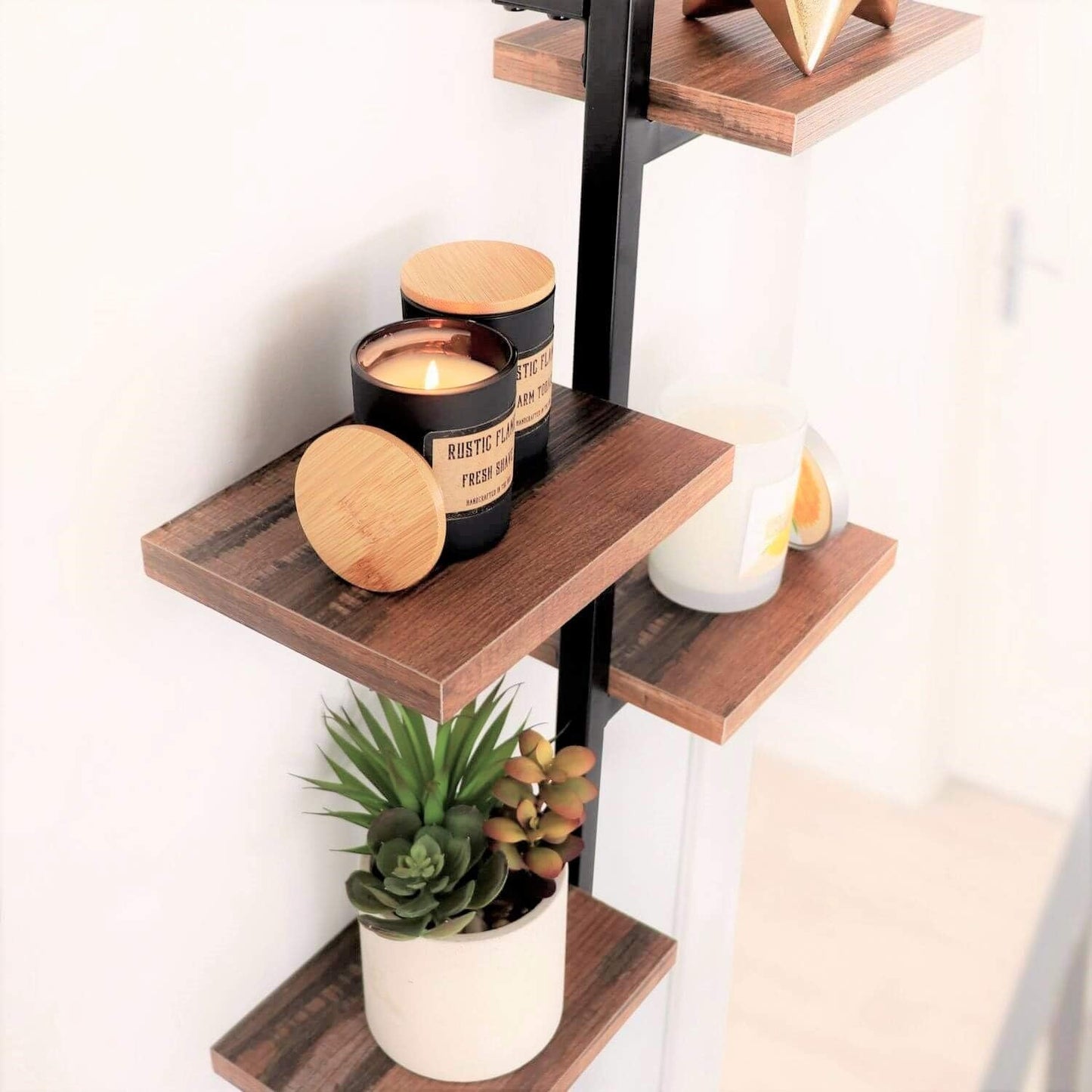 Rustic 4-Arm Floating Wall Shelf – Space-Saving Decorative Shelving with Metal Brackets