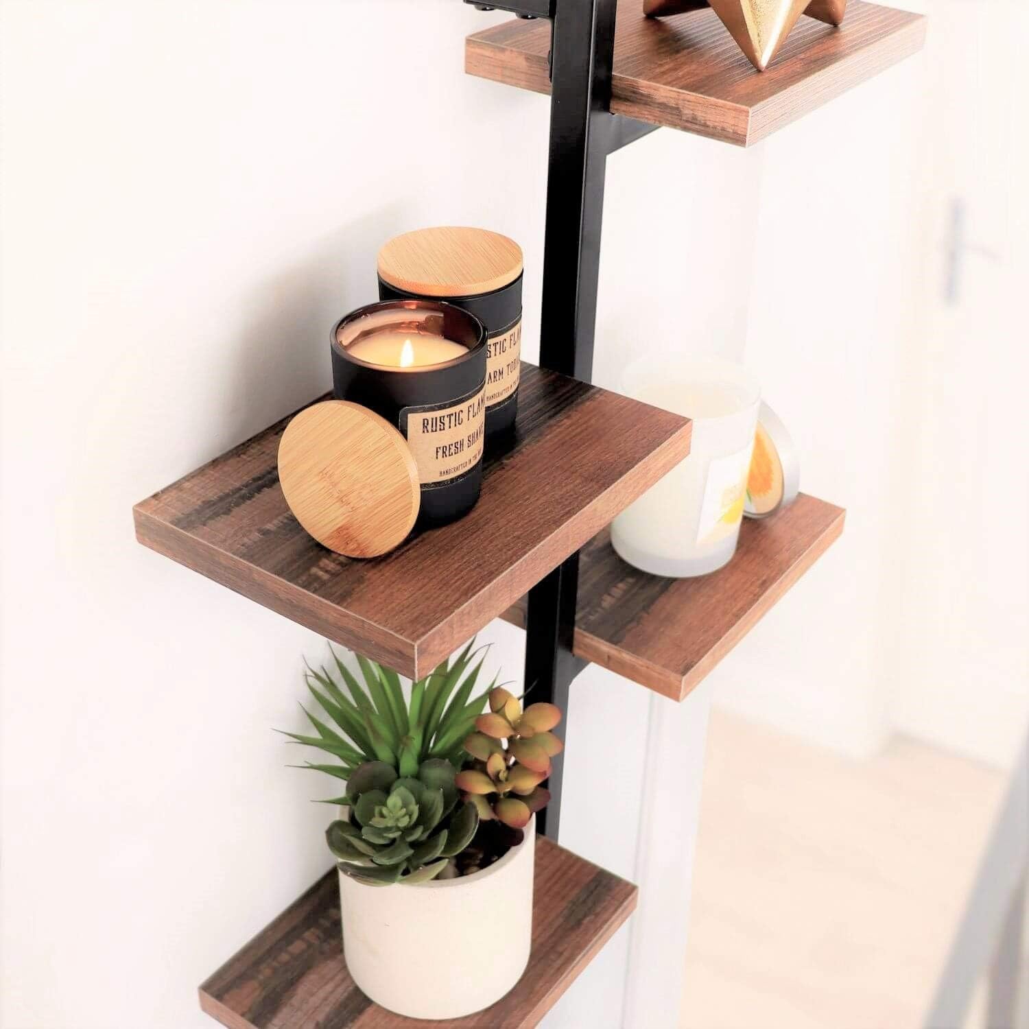 Rustic 4-Arm Floating Wall Shelf – Space-Saving Decorative Shelving with Metal Brackets