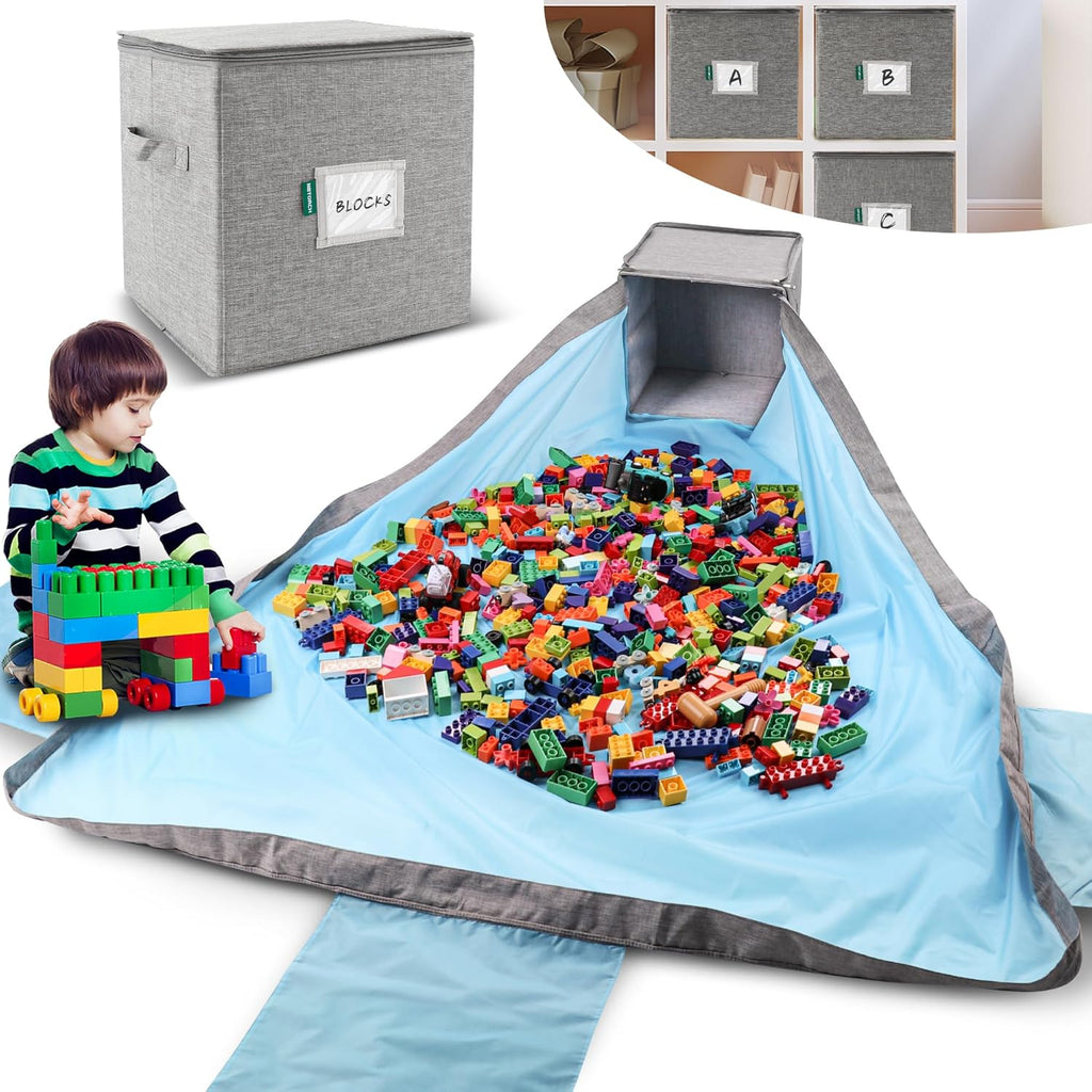 10 Seconds Cleanup Toy Storage Bin with Attached Play Mat – Extra Large Organizer Cube