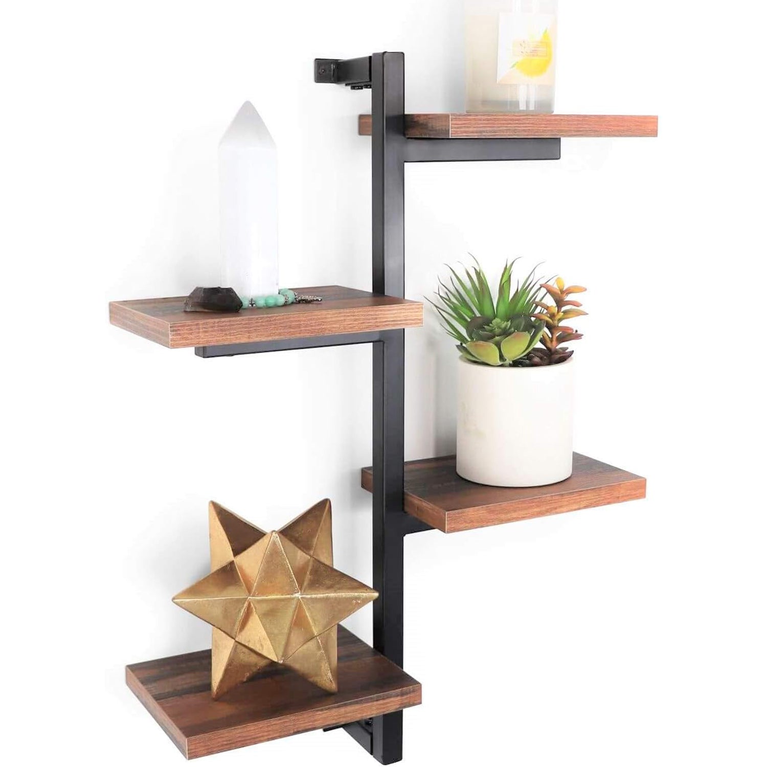 Rustic 4-Arm Floating Wall Shelf – Space-Saving Decorative Shelving with Metal Brackets