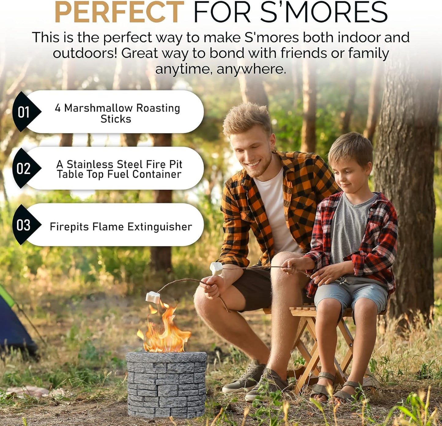 Concrete Tabletop S’mores Maker – Portable Smokeless Fire Pit with Extendable Sticks