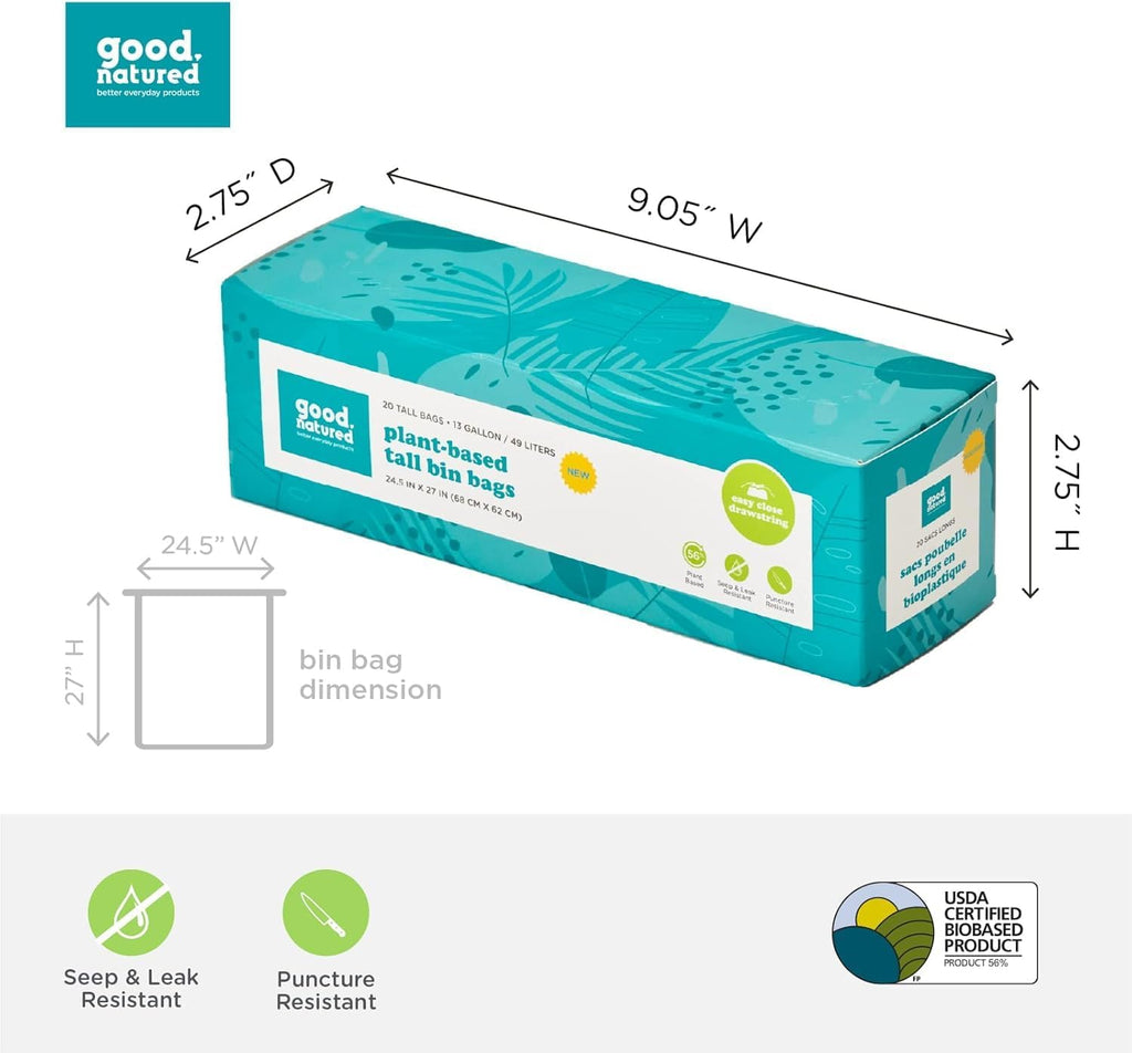 Eco-Friendly 13-Gallon Trash Bags – Plant-Based Bin Liners with Drawstring, Leak-Resistant (Choose Qty)