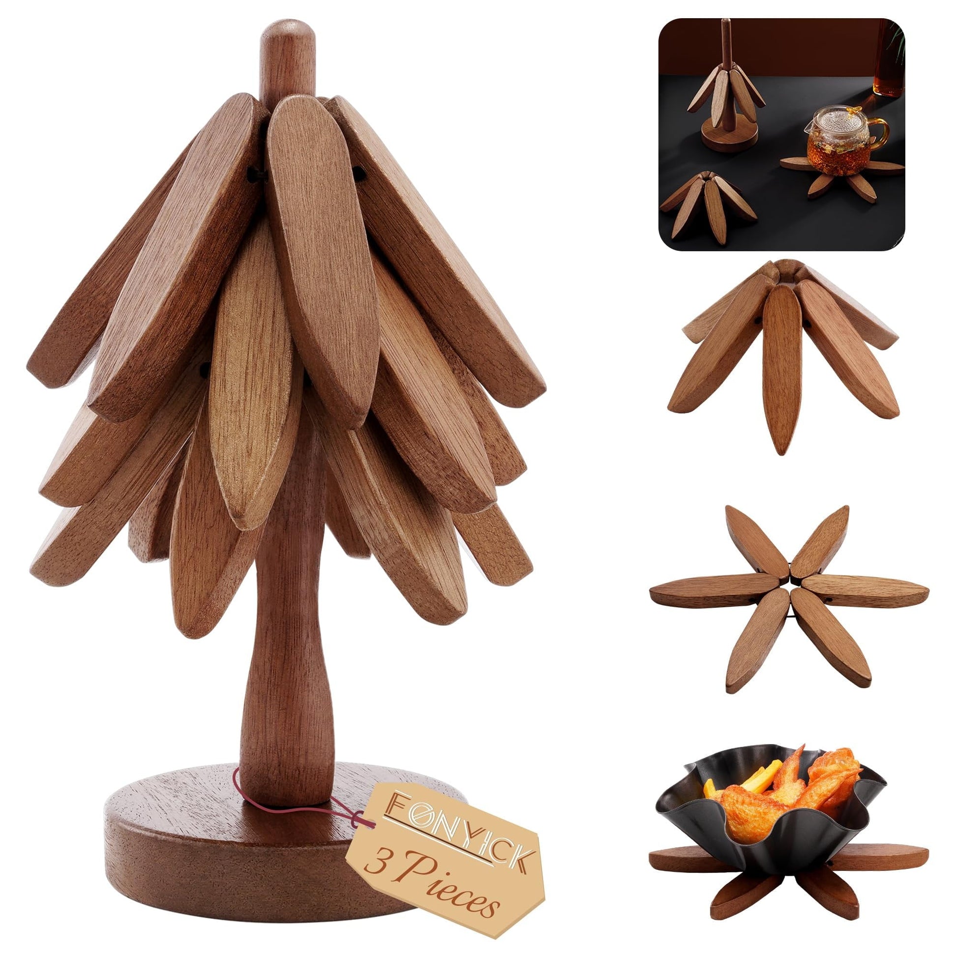 Wooden Tree Coasters & Trivets – 3-Piece Beech Wood Hot Pads Set with Holder